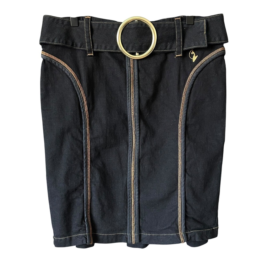 Vintage Y2K 2000's Baby Phat Black Denim Stretch Skirt Gold Belt Size 13